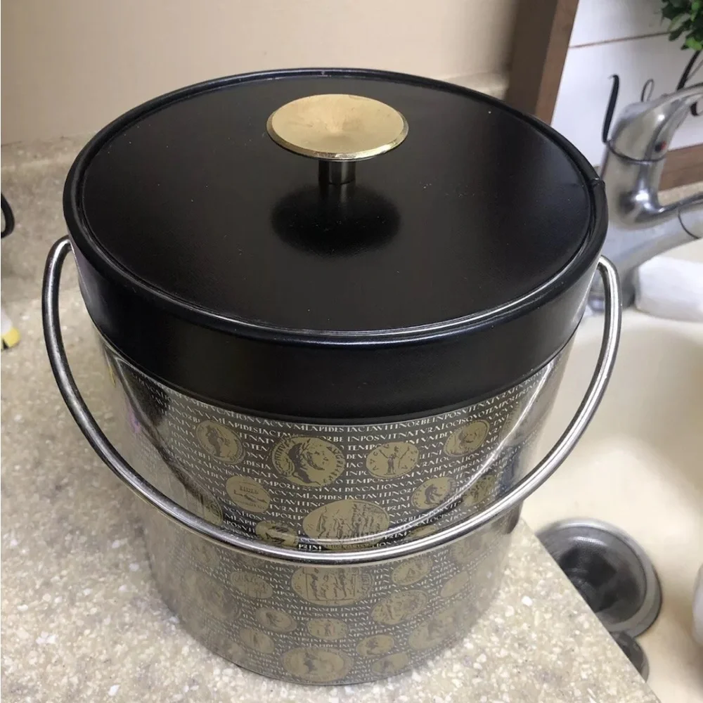 Thermo-Serve vintage ice bucket coins design black gold color theme bar ware